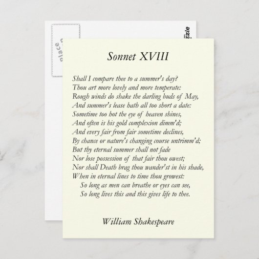Shakespeare Sonnet # 18 Briefkaart (Voorkant / Achterkant)