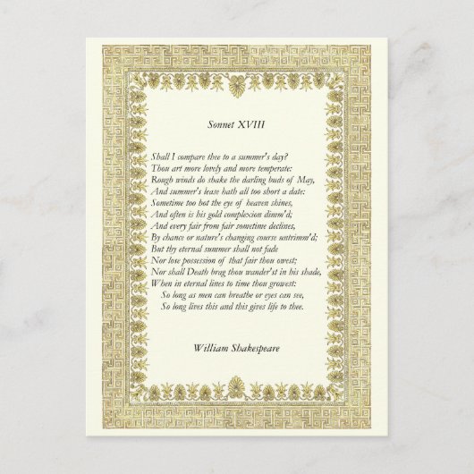 Shakespeare Sonnet # 18 Briefkaart (Voorkant)