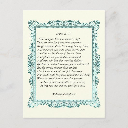 Shakespeare Sonnet # 18 Briefkaart (Voorkant)