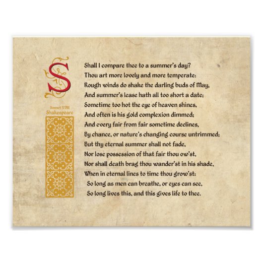 Shakespeare Sonnet 18 (XVIII) op het perkament Foto Afdruk (Voorkant)