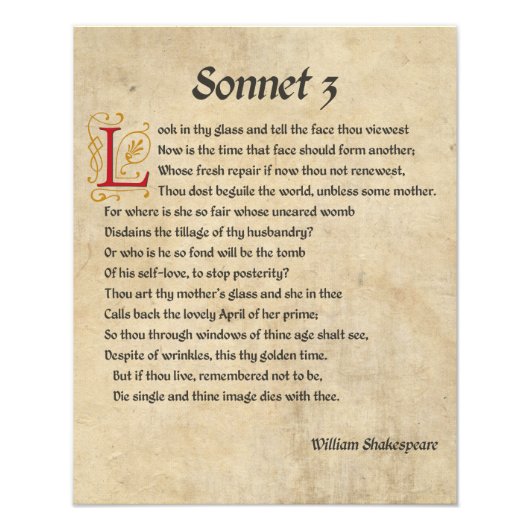 Shakespeare Sonnet 3 Parchment Foto Afdruk (Voorkant)