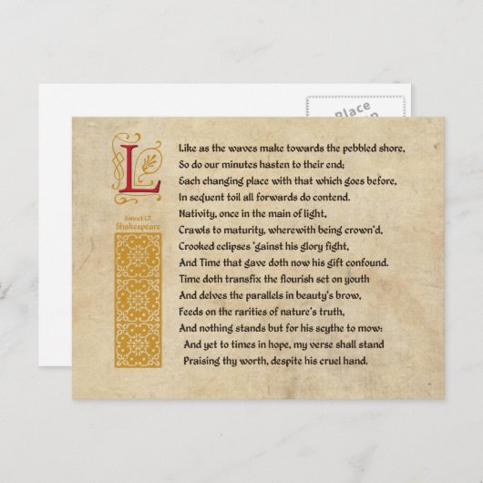 Shakespeare Sonnet 60 (LX) op het perkament Briefkaart (Voorkant / Achterkant)
