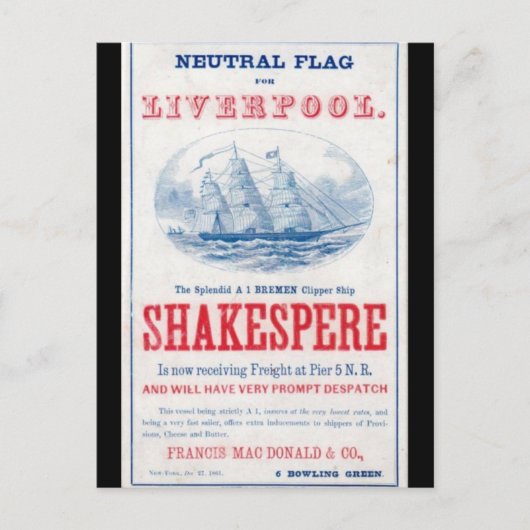 Shakespere Clipper zeilschip 1861 Briefkaart (Voorkant)