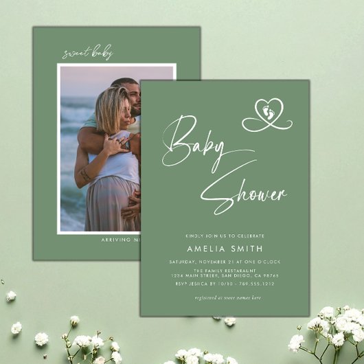 Shale Green Photo Baby Shower Invitation Kaart