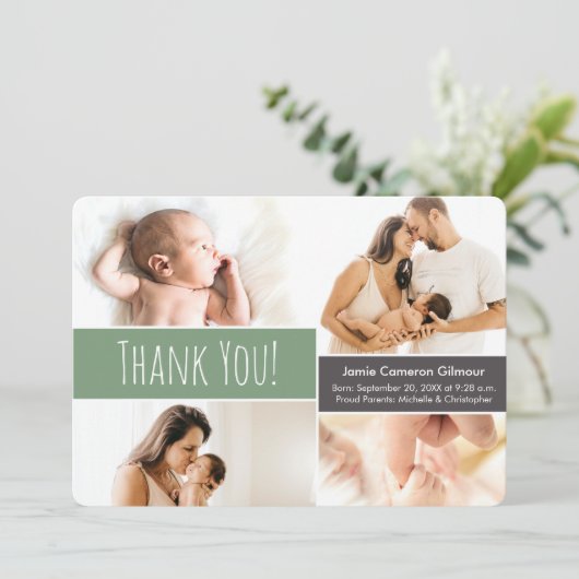 Shale Green Welcome Home Baby Baby Foto Collage Bedankkaart (Staand voorkant)