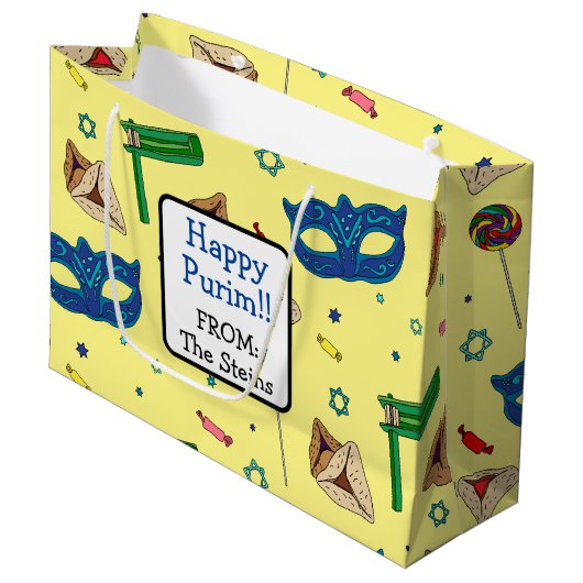 Shaloch Manot - Gepersonaliseerd Geel Groot Cadeauzakje (Voorkant Gekanteld)