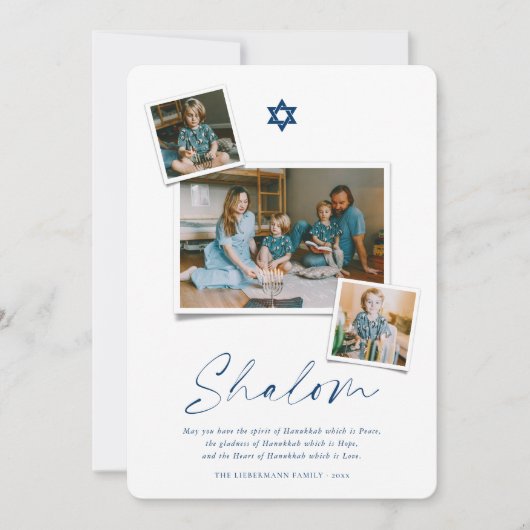 Shalom Blue Star van David 3 Foto Simple Hanukkah Feestdagenkaart (Voorkant)