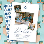 Shalom Blue Star van David 3 Foto Simple Hanukkah Feestdagenkaart<br><div class="desc">Deze moderne minimalistische Hanoekaart kenmerkt de groet "Shalom"in een trendy handschrift. Een donkerblauw Ster van het symbool van David zit op de centrumbovenkant met 3 Onmiddellijke fotocollage lay-out. Aan de onderkant van de kaart staat een korte vakantiewens en een gezinspenaam aftekening. Ster van het symbool van David, groet, tekst en...</div>