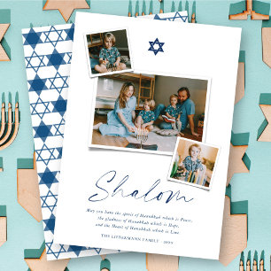 Shalom Blue Star van David 3 Foto Simple Hanukkah Feestdagenkaart