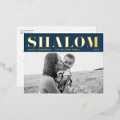 Shalom Bold Typography Blue Happy Hanukkah Foto Folie Feestdagen Briefkaart (Voorkant / Achterkant)