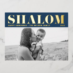 Shalom Bold Typography Blue Happy Hanukkah Foto Folie Feestdagen Briefkaart