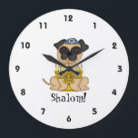 Shalom, Cute Pug dog with Menorah Grote Klok<br><div class="desc">This is a cute little wall clock for your child's room, featuring a sweet little cartoon Pug dog wearing a yarmulke, and a menorah in front of him. Around the edges, are easy to read numbers in black doen het. Below the dog is the woord "Shalom!" You can customize the...</div>