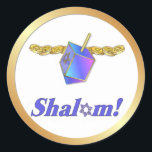 Shalom Hanukkah Ronde Sticker<br><div class="desc">Rijk blauw en goud Chanoeka ontwerp met Dreidel en gouden munten. Tekst zegt..Shalom.</div>