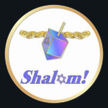 Shalom Hanukkah Ronde Sticker<br><div class="desc">Rijk blauw en goud Chanoeka ontwerp met Dreidel en gouden munten. Tekst zegt..Shalom.</div>