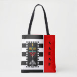 Shalom Menorah gepersonaliseerd Tote Bag<br><div class="desc">Dit opvallend gesofisticeerde en gepersonaliseerde tas heeft een kleurrijke menora over gedurfde zwarte en witte strepen. Tas terug is gecoördineerd en zegt,  "Shalom" in het Engels en Hebreeuws. ~ Karyn</div>