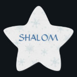 Shalom wenst Chanoeka Ster Sticker<br><div class="desc">winterontwerp op een eenvoudige Chanoeka sticker.  noodlijdende sneeuwvlokken achtergrond. Tekst leest SHALOM. Basisster vorm (NIET de Ster van David - gewoon een ster). Met een beetje hulp van mijn vrienden bij www.scrappindoodles.com. Van My_Christmas_Shoppe door She Wolf Medicine.</div>