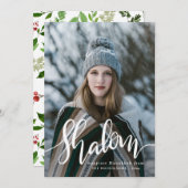 Shalom White Script Photo Overlay Hanukkah Feestdagenkaart (Voorkant / Achterkant)