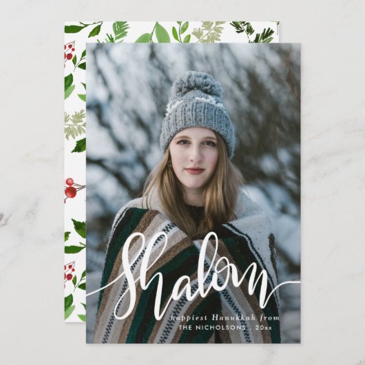 Shalom White Script Photo Overlay Hanukkah Feestdagenkaart (Voorkant / Achterkant)