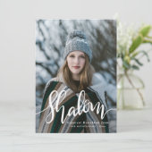 Shalom White Script Photo Overlay Hanukkah Feestdagenkaart (Staand voorkant)