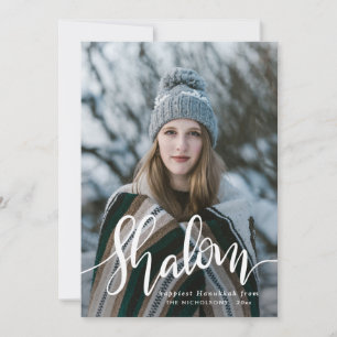 Shalom White Script Photo Overlay Hanukkah Feestdagenkaart