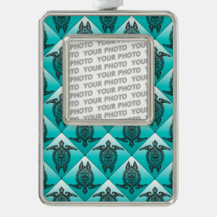 Shamanic Zee Turtles Pattern - cyaan Verzilverd Omlijst Ornament