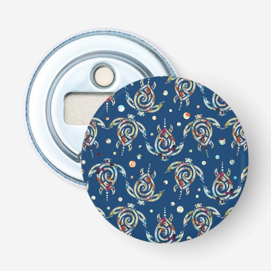Shamanic Zee Turtles Pattern + uw achtergrondkleur Button Flesopener (Voorkant)