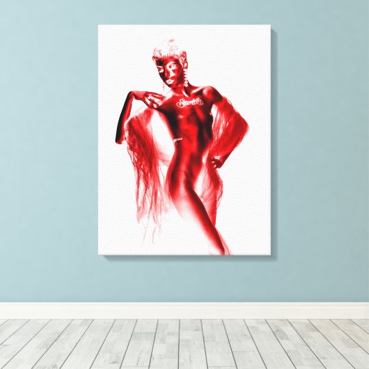 Shameless model posing with red veil and body pain canvas afdruk (Insitu (Houten vloer))