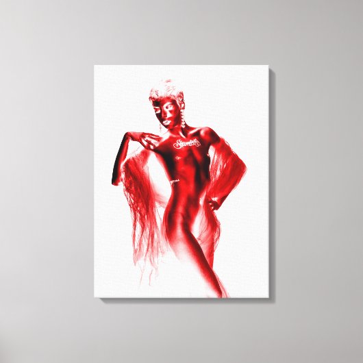 Shameless model posing with red veil and body pain canvas afdruk (Voorkant)