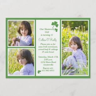 Shamrock 3-Photo Birthday Party Invitation. Kaart