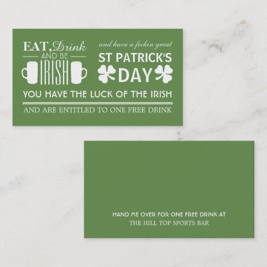 Shamrock & Beer Irish St Patrick's Drinken Ticket (Voorkant / Achterkant)