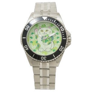 Shamrock Bouquet Maneki Neko (Lucky Cat) Horloge