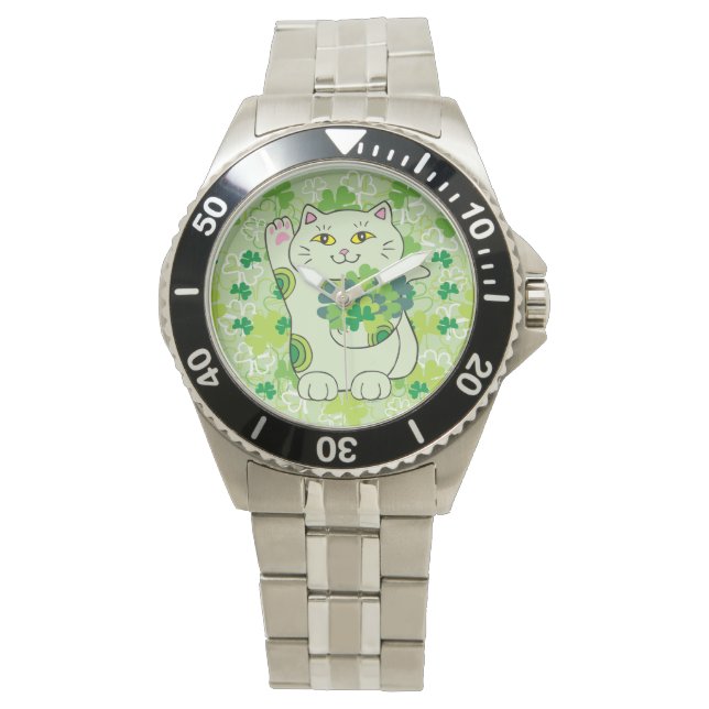 Shamrock Bouquet Maneki Neko (Lucky Cat) Horloge (Voorkant)