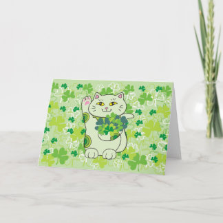 Shamrock Bouquet Maneki Neko (Lucky Cat) Kaart