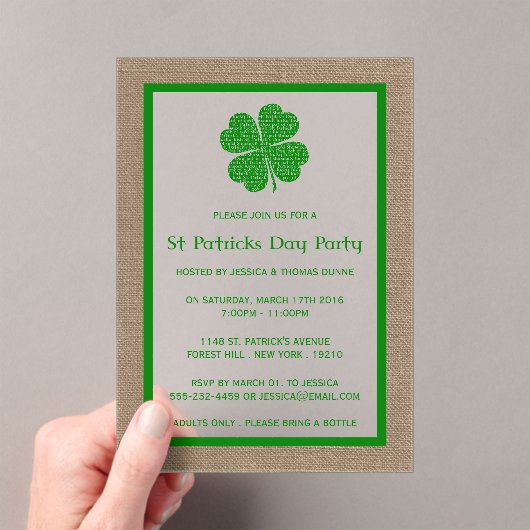 Shamrock & Burlap St. Patrick's Day Acryl Uitnodigingen (Insitu (Draagbaar))
