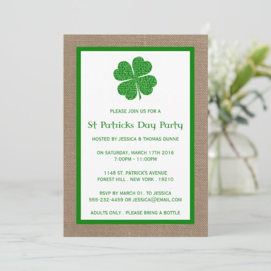 Shamrock & Burlap St. Patrick's Day Invitation Kaart (Staand voorkant)