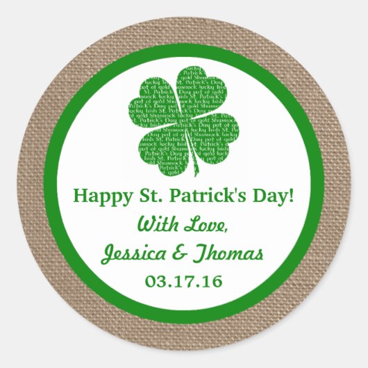 Shamrock & Burlap St. Patrick's Day Ronde Sticker (Voorkant)