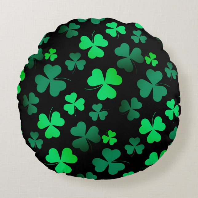 Shamrock Clover Ireland Modern Green & Black Rond Kussen (Voorkant)