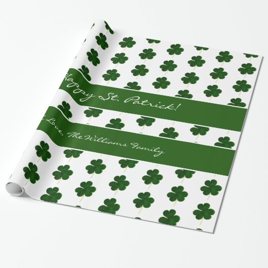 Shamrock Clover Pattern Custom Text St. Patrick Cadeaupapier (Uitgerold)