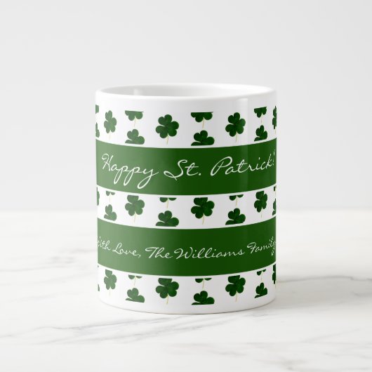Shamrock Clover Pattern Custom Text St. Patrick Grote Koffiekop (Voorkant)