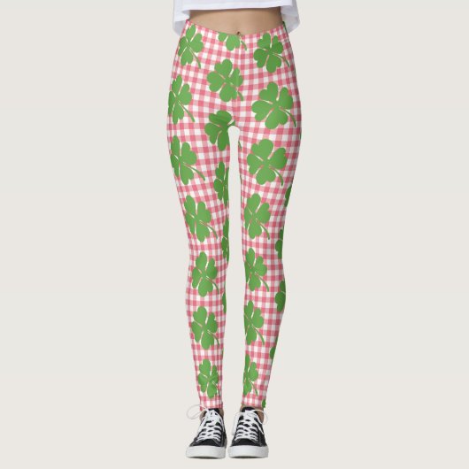 Shamrock Clover Pink Gingham St. Patrick's Day Leggings (Voorkant)