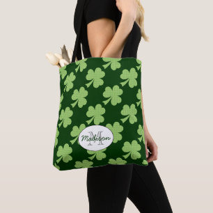 Shamrock Clover Polka stipt Patrick's Day Monogram Tote Bag
