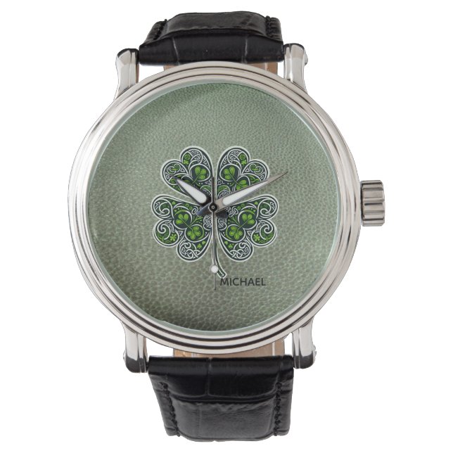 Shamrock Colover St.Patrick`s Day Groen Leer Horloge (Voorkant)