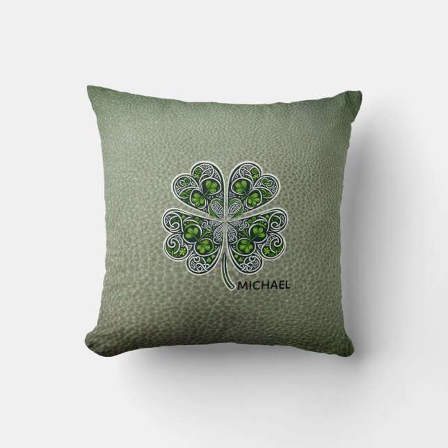 Shamrock Colover St.Patrick`s Day Groen Leer Kussen (Voorkant)