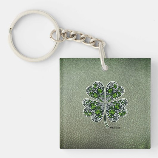 Shamrock Colover St.Patrick`s Day Groen Leer Sleutelhanger (voorkant)