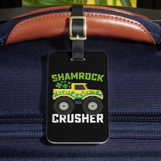 Shamrock Crusher Monster Truck St Patrick's Day Bagagelabel (Voorkant Insitu 2)