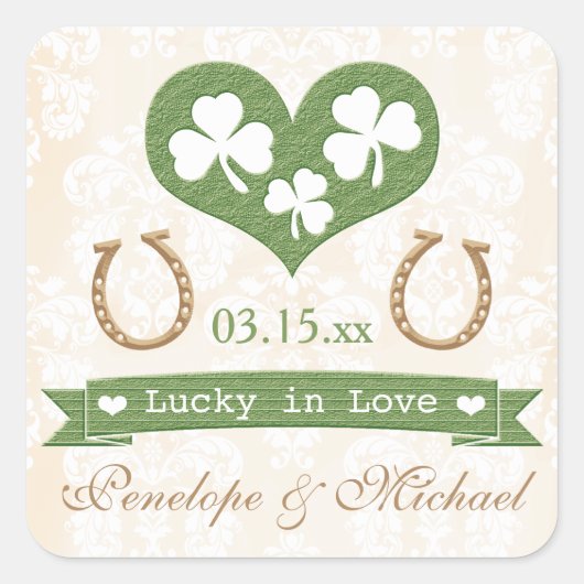 Shamrock en Hoefijzer Lucky in Love Wedding Vierkante Sticker (Voorkant)