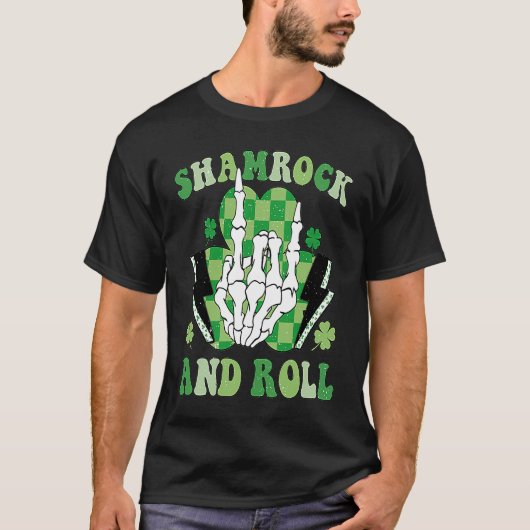 Shamrock en roll skelet retro St Pattys Patrick T-shirt (Voorkant)