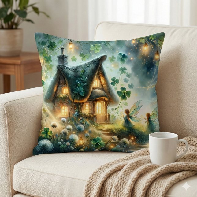 Shamrock Feeënhuis Gloed Kussen (Shamrock Fairy Cottage Glow Throw Pillow Mockup A)