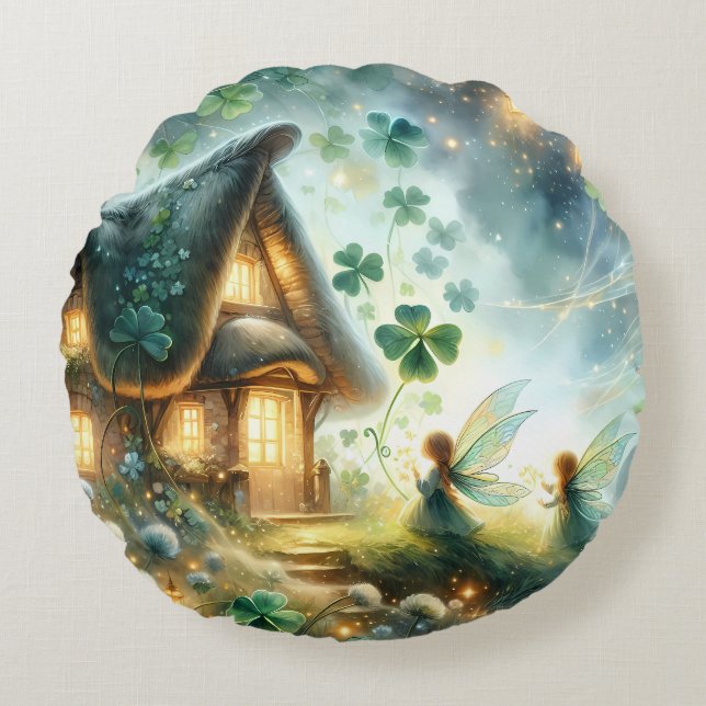 Shamrock Feeënhuis Gloed Rond Kussen (Voorkant)