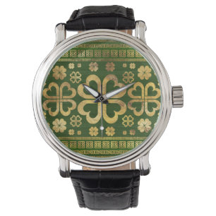 Shamrock Four-leaf Clover Green Wood en Gold Horloge